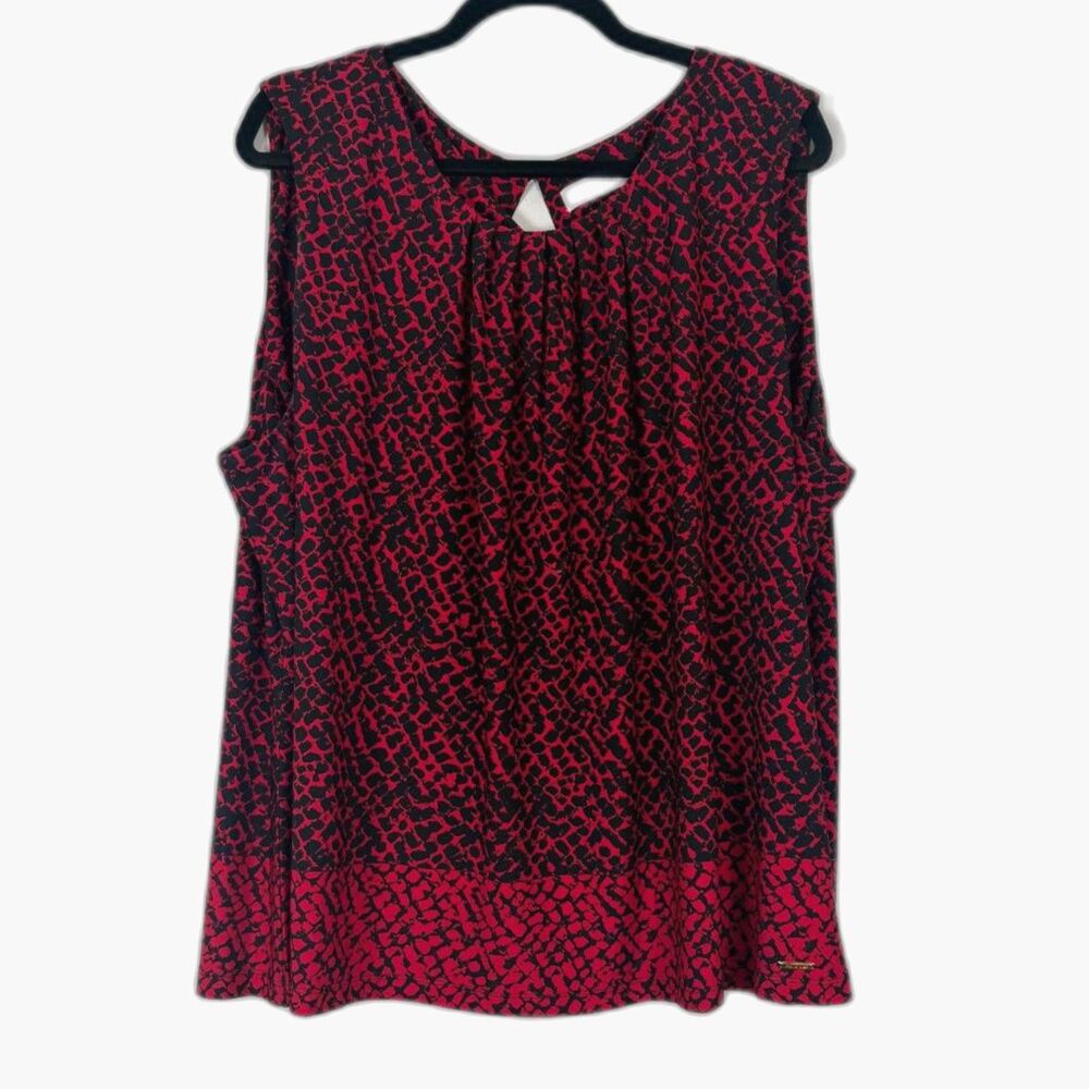 Calvin Klein 3X Red Black Blouse Animal Print Keyhole Business Casual Top